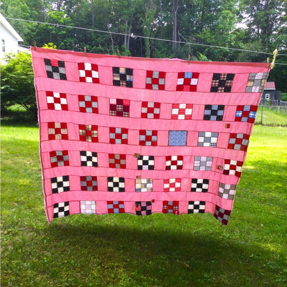 Vintage Quilt top handmade 9 Patch 92x155”